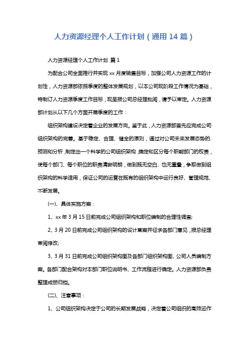 人力资源经理个人工作计划(通用14篇)