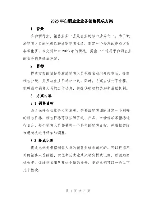 2023年白酒企业业务销售提成方案