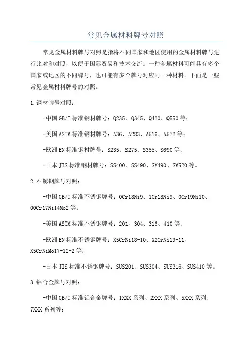 常见金属材料牌号对照