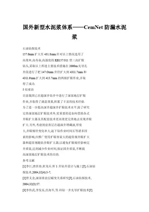国外新型水泥浆体系——CemNet防漏水泥浆