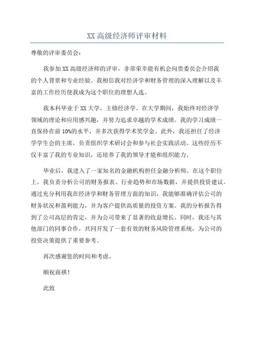 XX高级经济师评审材料