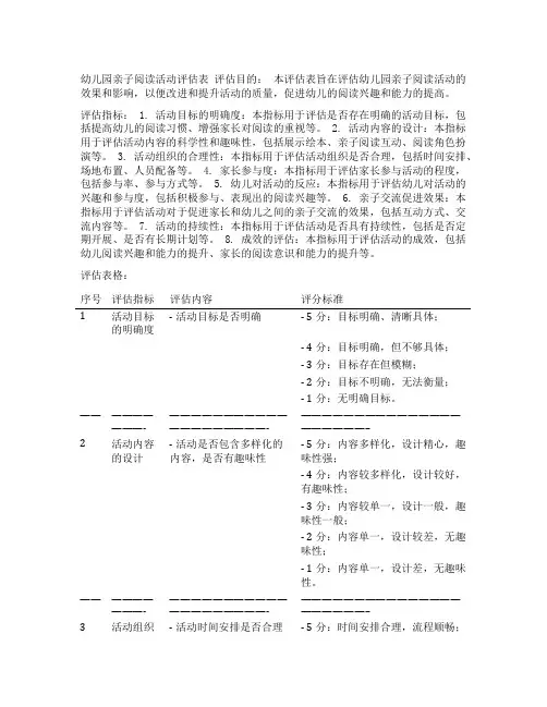 幼儿园亲子阅读活动评估表