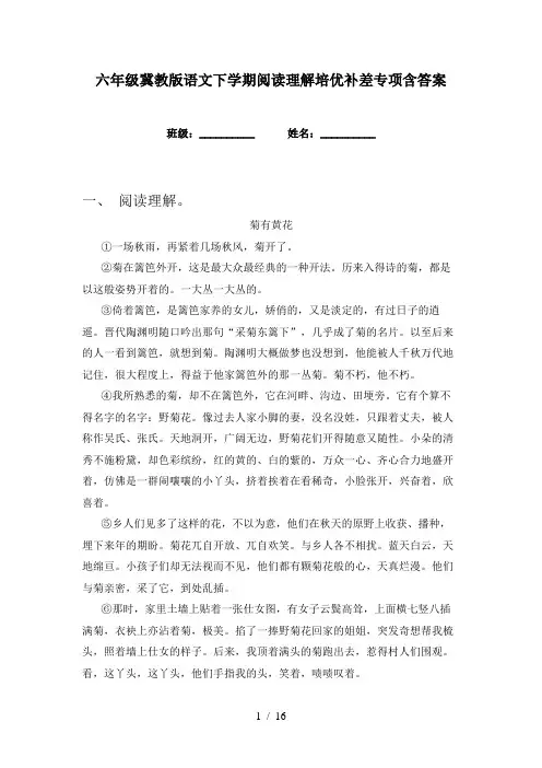 六年级冀教版语文下学期阅读理解培优补差专项含答案