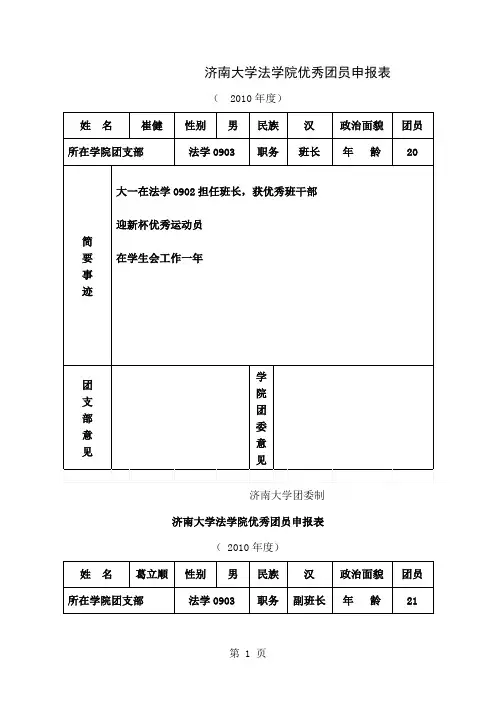 济南大学优秀团员申报表8页word