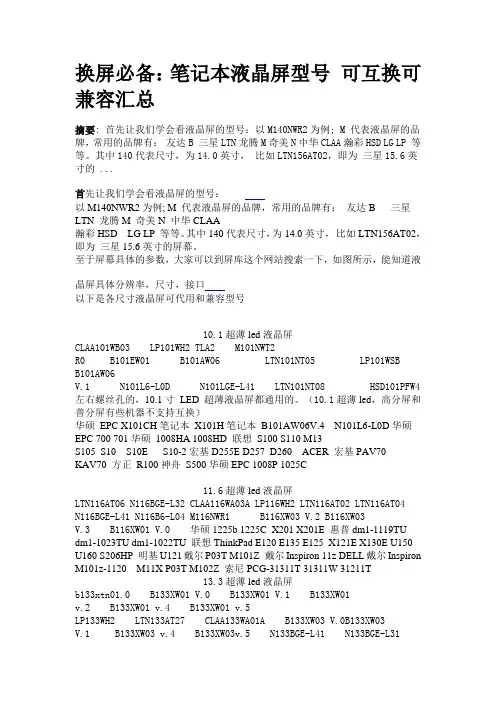 笔记本液晶屏型号 可互换 修理必备