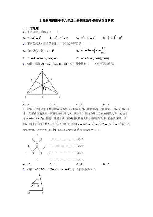 上海杨浦初级中学八年级上册期末数学模拟试卷及答案