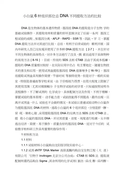 小白鼠6种组织部位总DNA不同提取方法的比较