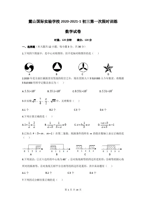 最新长沙2020-2021-1麓山国际实验初三第一次限时训练数学及答案