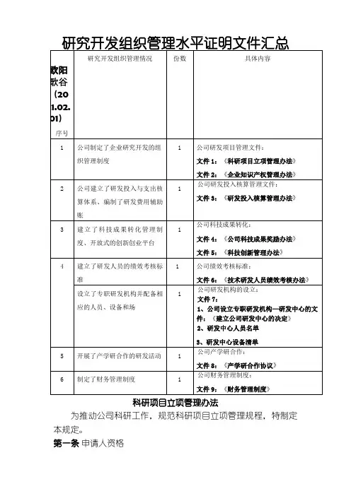 研究开发组织管理水平证明材料之欧阳歌谷创作