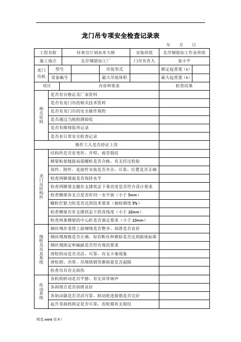 龙门吊专项安全检查记录表