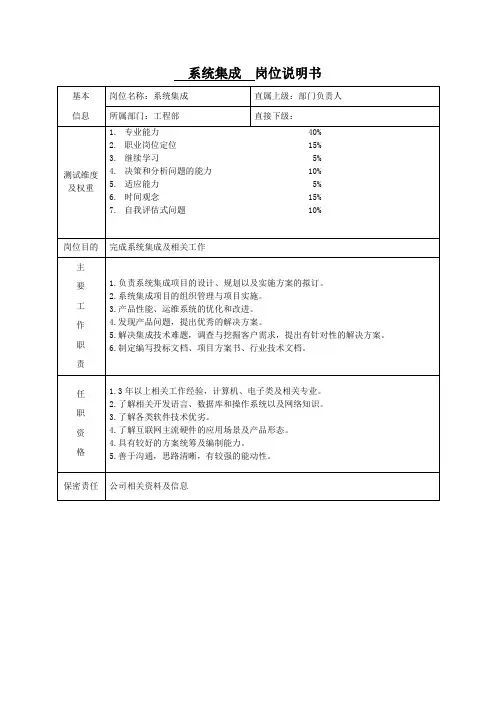系统集成  岗位说明书