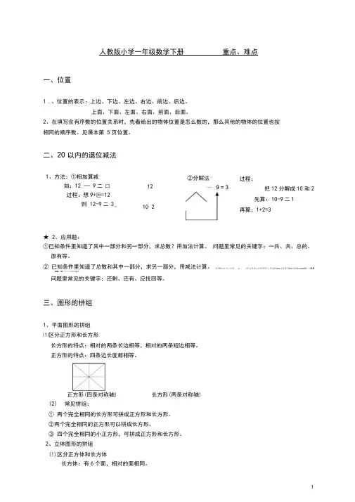 人教版小学一年级数学下册-知识点-重难点归纳总结