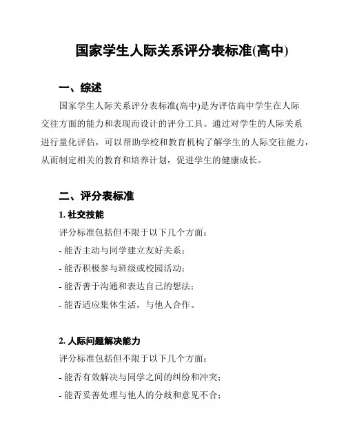 国家学生人际关系评分表标准(高中)