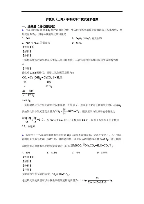 沪教版(上海)中考化学二模试题和答案