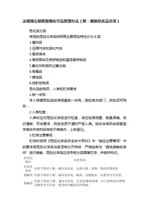 法规规定易燃易爆化学品管理办法（附：最新危化品名录）