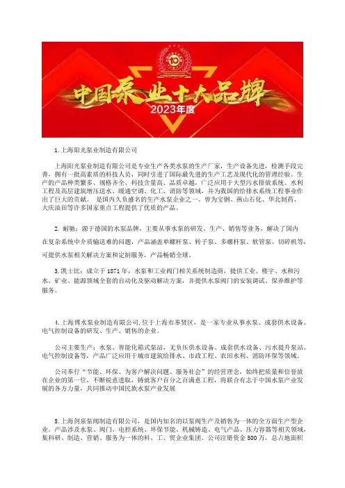 中国污水泵公司十大品牌总榜污水泵价格