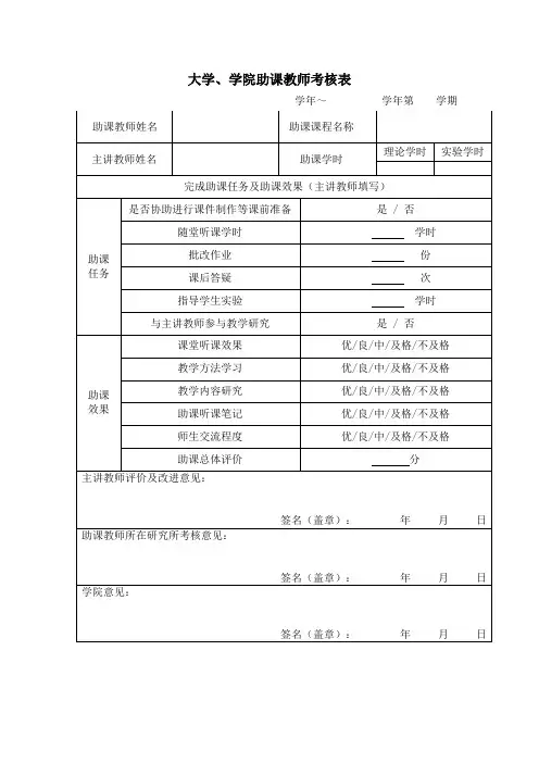 大学、学院助课教师考核表