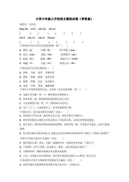小学六年级小升初语文模拟试卷(带答案)[001]