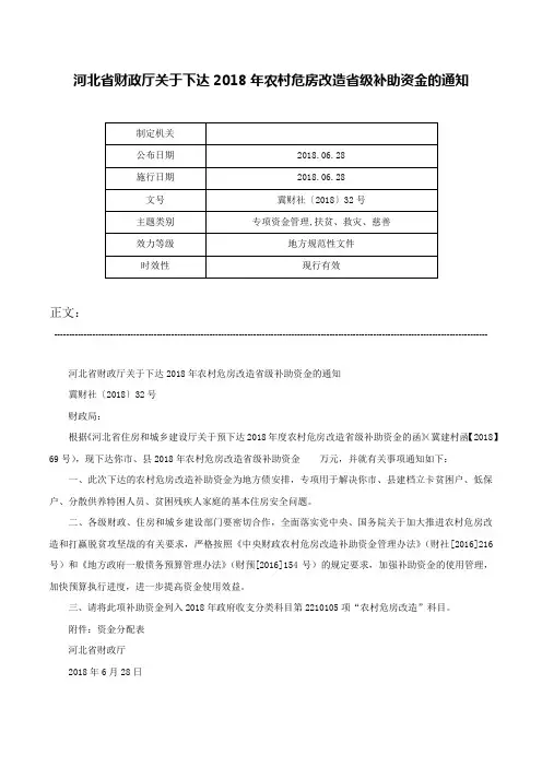 河北省财政厅关于下达2018年农村危房改造省级补助资金的通知-冀财社〔2018〕32号