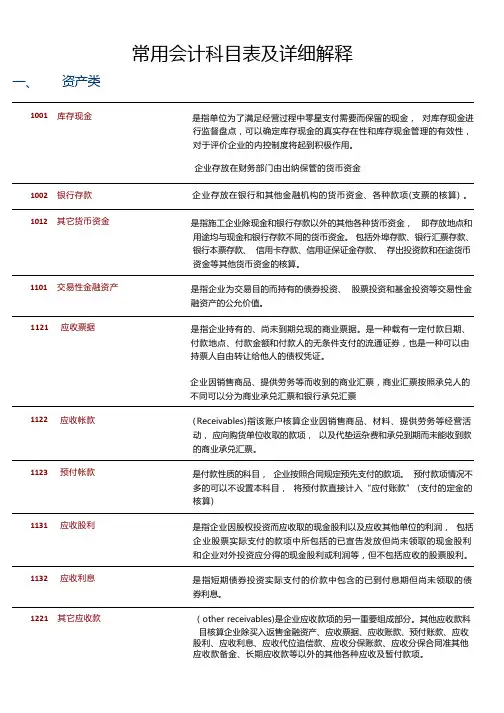 常用会计科目表及详细解释