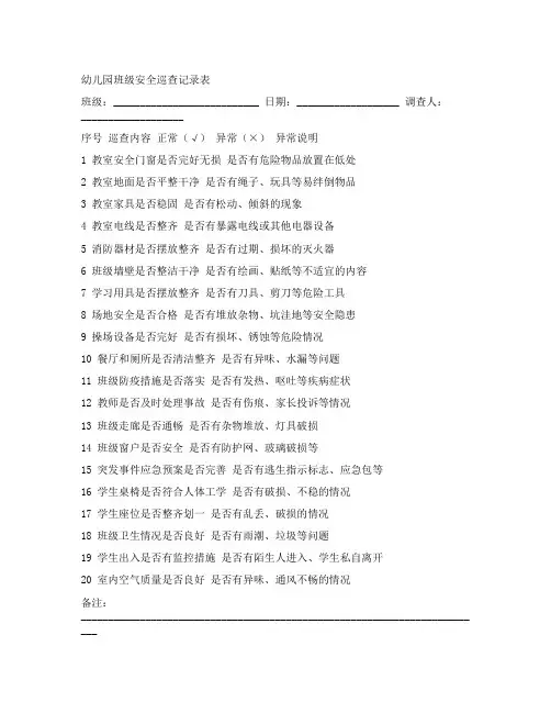 幼儿园班级安全巡查记录表