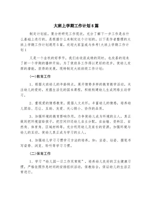 大班上学期工作计划5篇