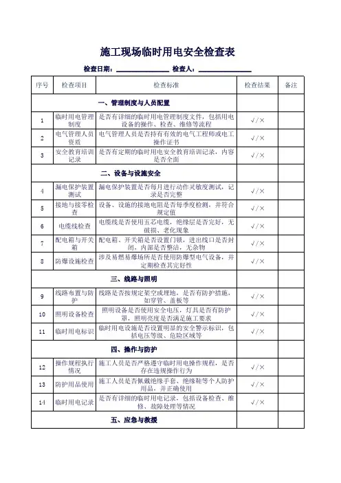 临时用电安全检查表