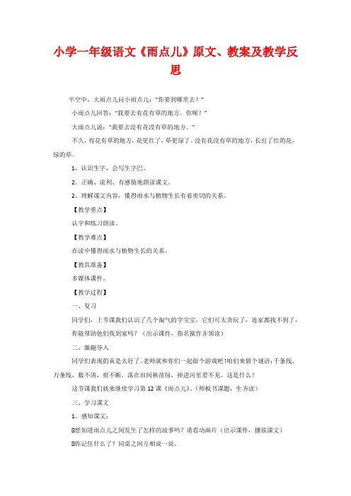 小学一年级语文《雨点儿》原文、教案及教学反思