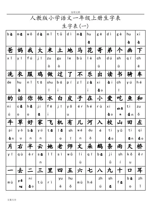 一年级语文上册生字表及全部偏旁部首