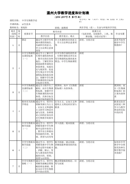 中学生物教学论-教学进度表