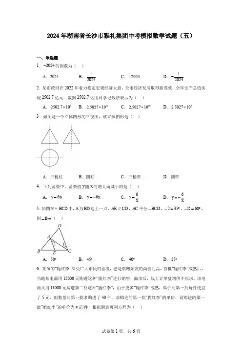 2024年湖南省长沙市雅礼集团中考模拟数学试题(五)