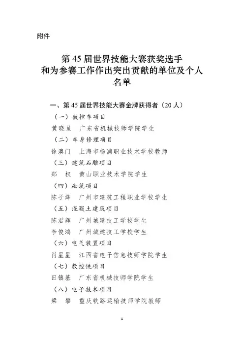 朱久文：第45届世界技能大赛获奖选手和为参赛工作作出突出贡献的单位及个人名单