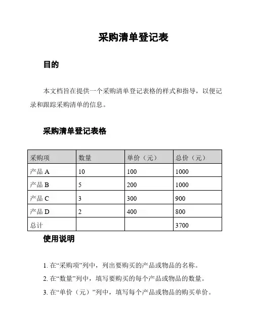 采购清单登记表