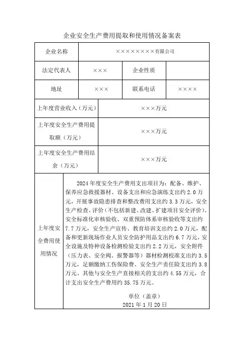 企业安全生产费用提取和使用情况备案表