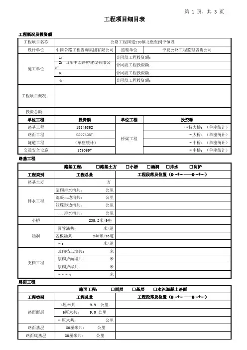 工程项目细目表