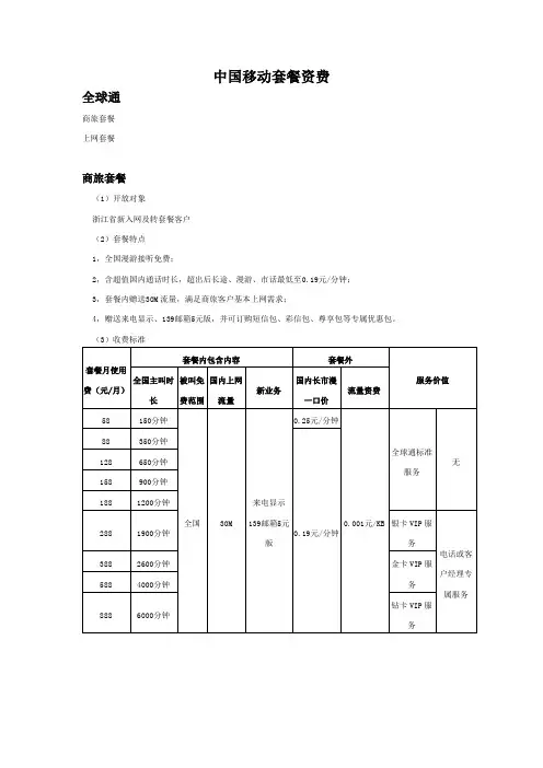 中国移动套餐资费