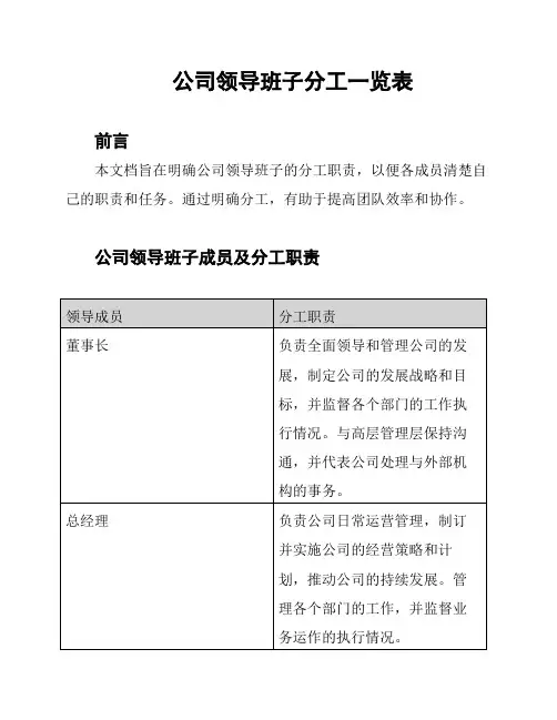 公司领导班子分工一览表