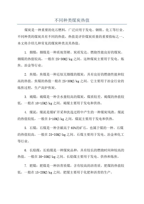 不同种类煤炭热值