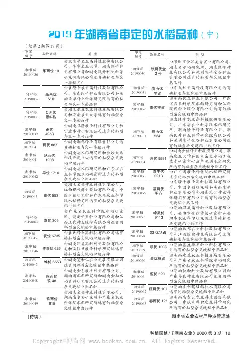 2019 年湖南省审定的水稻品种( 中)