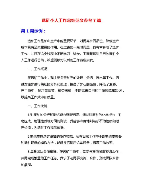 选矿个人工作总结范文参考7篇