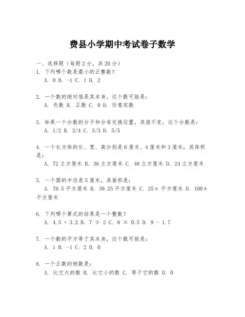 费县小学期中考试卷子数学
