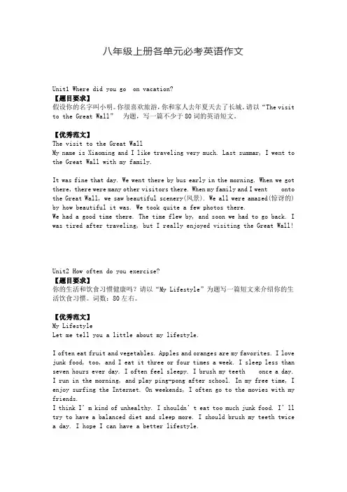 人教版八年级上册各单元必考英语作文