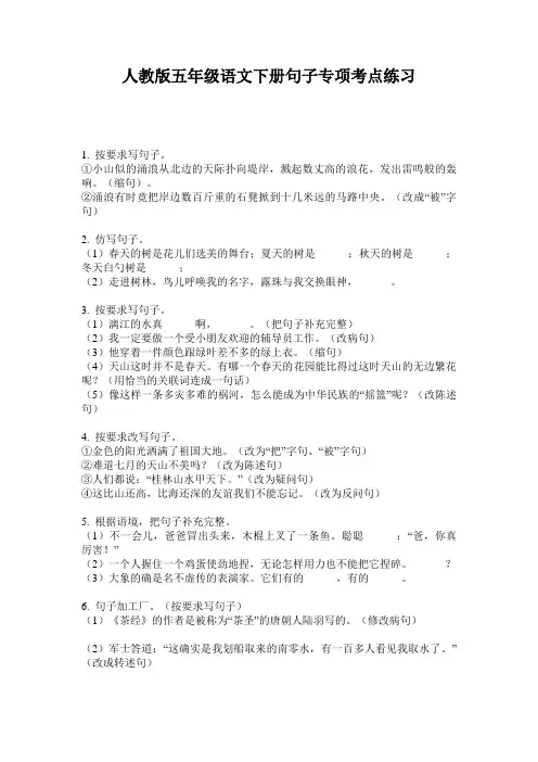 人教版五年级语文下册句子专项考点练习
