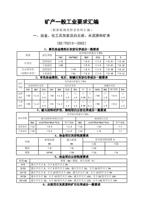 矿产工业指标一览表