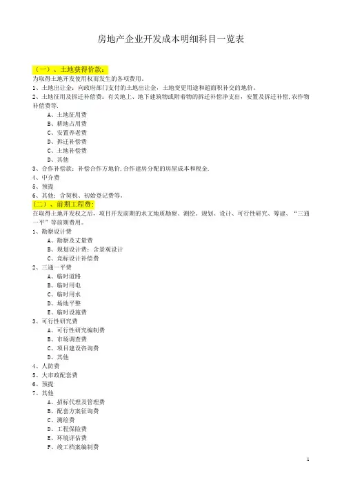 房地产企业开发成本明细科目