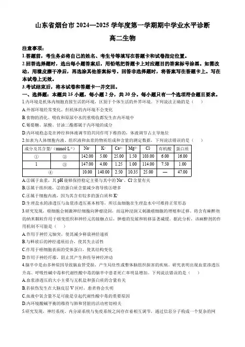 山东省烟台市2024-2025学年高二上学期11月期中生物试题(含答案)
