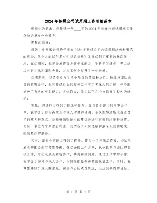 2024年传媒公司试用期工作总结范本（2篇）