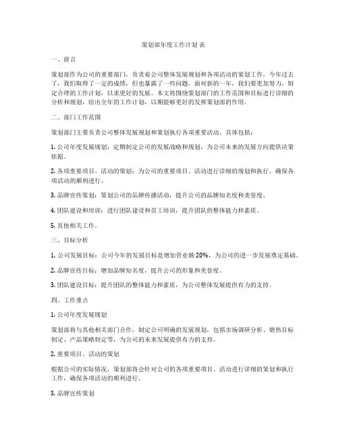 策划部年度工作计划 表