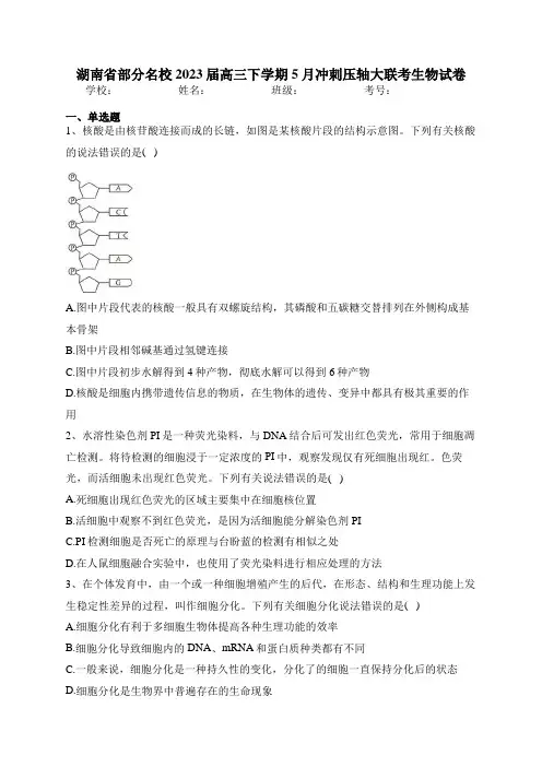 湖南省部分名校2023届高三下学期5月冲刺压轴大联考生物试卷(含答案)