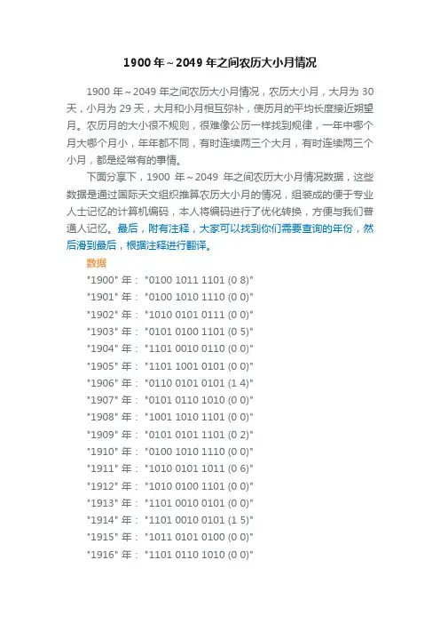 1900年～2049年之间农历大小月情况